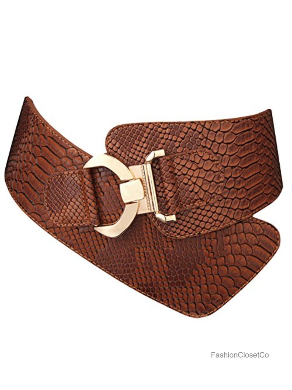 Women's Wide Elastic Waist Belt Faux Leather Snake Grain Gold Buckle Stretch